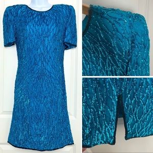 Vintage Blue Beaded Sequin Short Sleeve Cocktail Dress